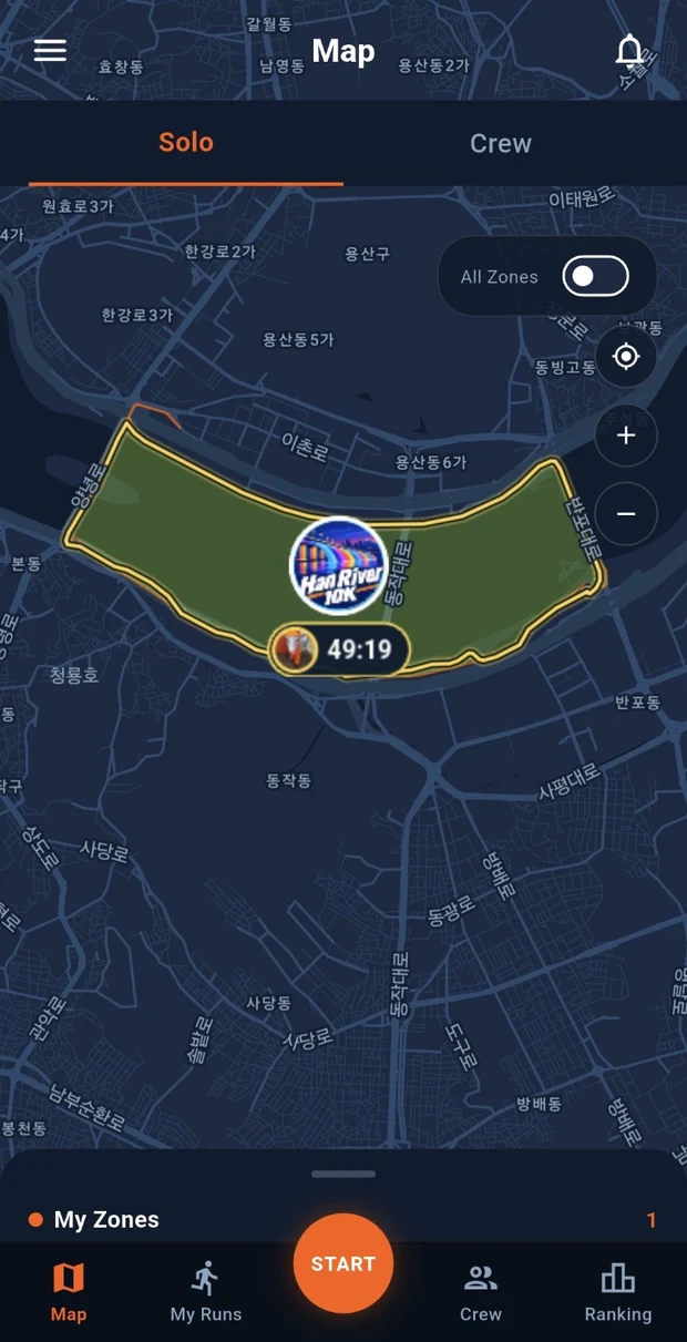 지도 위 HAN RIVER 10K 코스와 코스 기록 49:19
